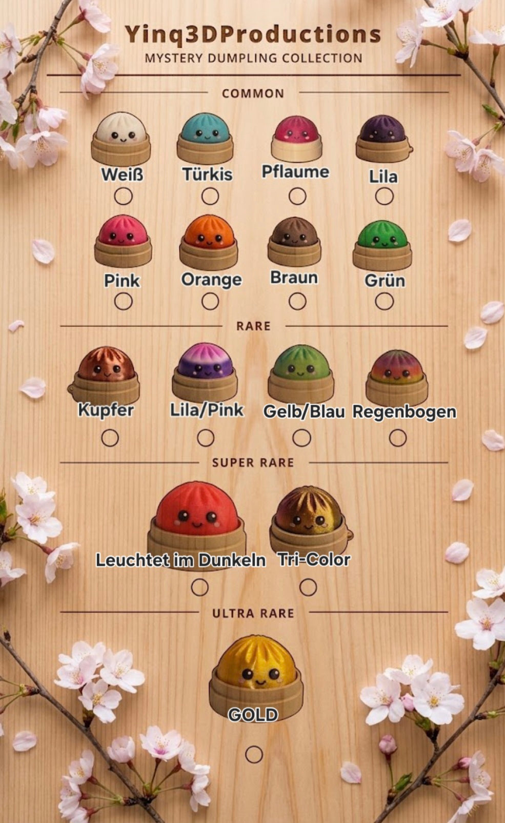 Sammlerübersicht der Mystery-Dumplings mit Farbvarianten und Seltenheitsstufen.