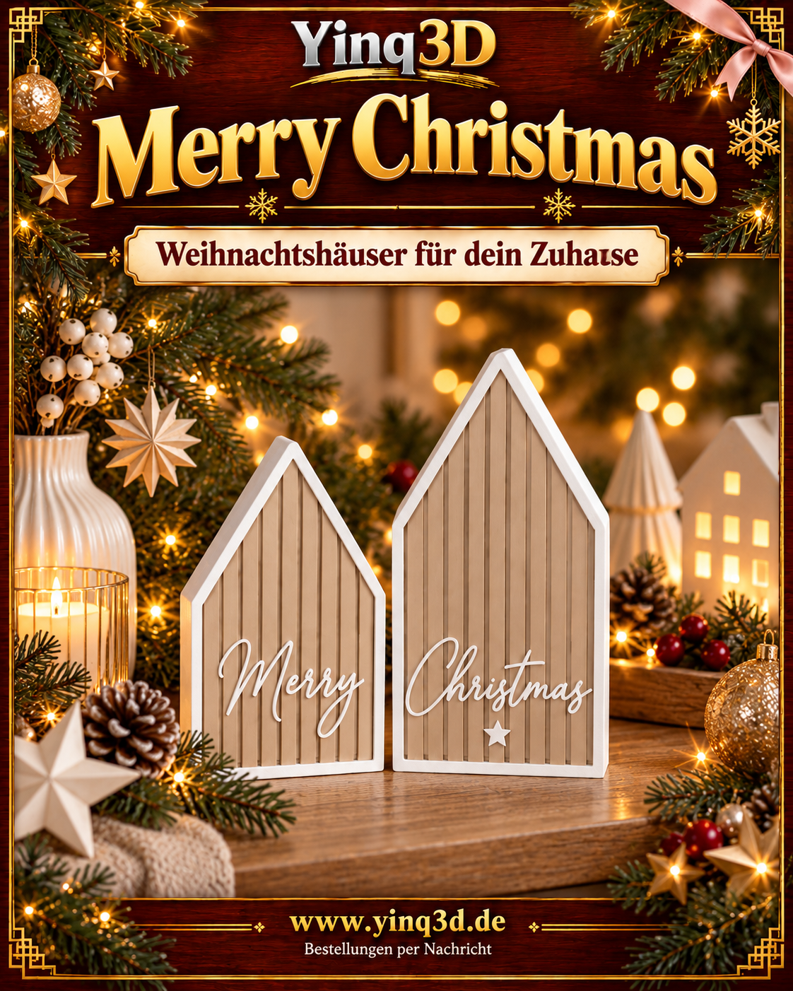 Kleines Merry-Haus und großes Christmas-Haus im weihnachtlichen Yinq3D-Stil