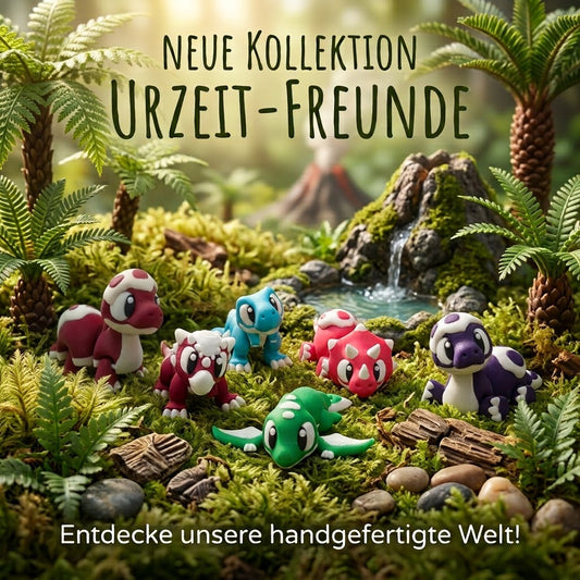 Sechs bunte Urzeit-Freunde in einer Dschungelszene mit dem Schriftzug Neue Kollektion Urzeit-Freunde.