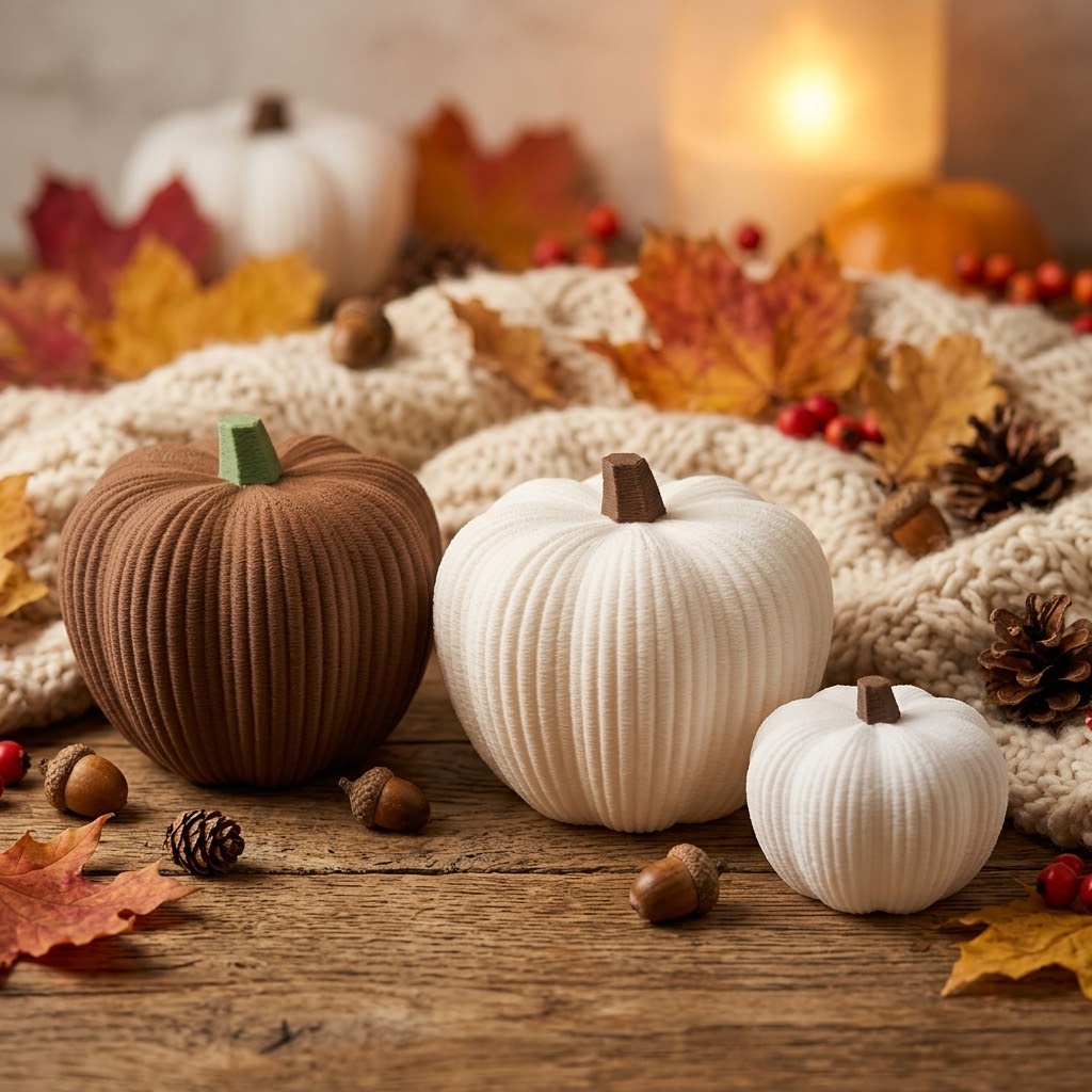 Geriffelte Deko-Kürbisse in Weiß und Braun in einer herbstlichen Tischszene.