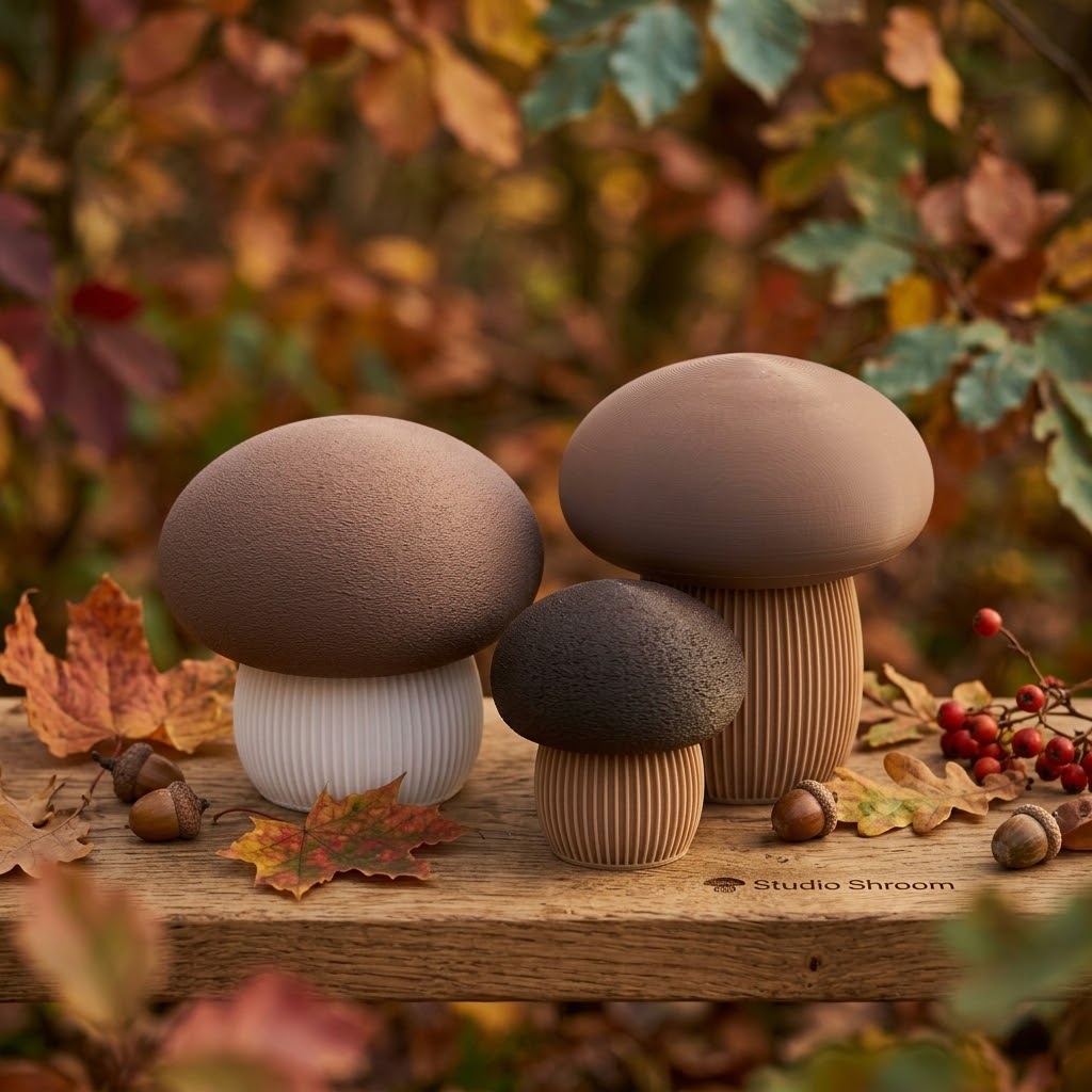 Drei Woodland-Elegance-Deko-Pilze mit braunen Hüten in einer Herbstszene.