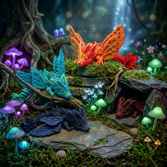Mehrfarbige Feendrachen mit schmetterlingsähnlichen Flügeln in einer Fantasy-Waldszene.