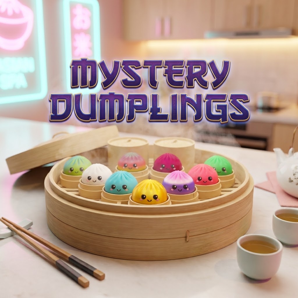 Werbemotiv mit bunten Mystery-Dumplings in Körbchen und dem Schriftzug Mystery Dumplings.