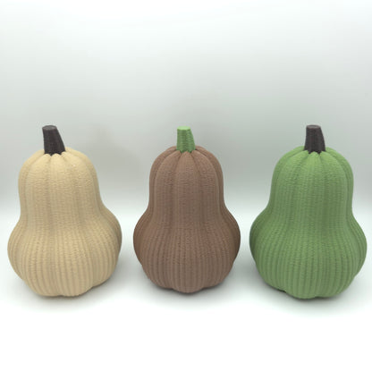 Deko-Butterkürbisse in Beige, Braun und Grün vor hellem Hintergrund.