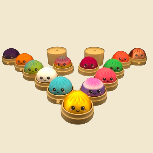 Bunte Mystery-Dumpling-Figuren in einzelnen Dampfkörbchen, als Gruppe angeordnet.