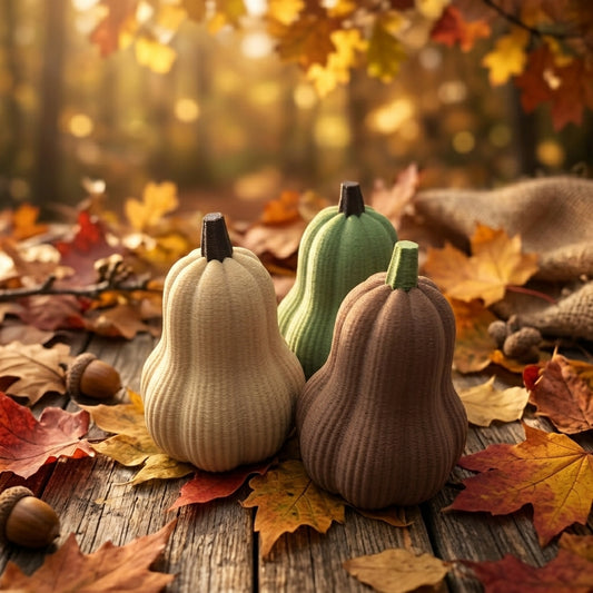 Drei geriffelte Deko-Butterkürbisse in Beige, Grün und Braun zwischen Herbstblättern.