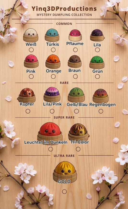 Sammlerübersicht der Mystery-Dumplings mit Farbvarianten und Seltenheitsstufen.