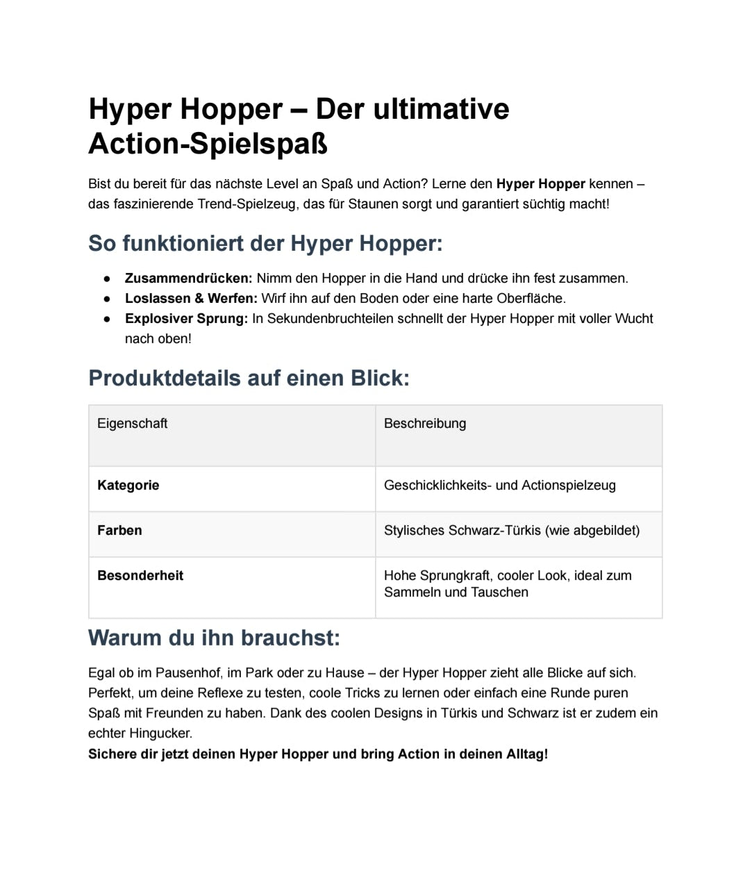 Produktbeschreibung des Hyper Hopper 3D-Druck Action-Spielzeugs als Textgrafik.