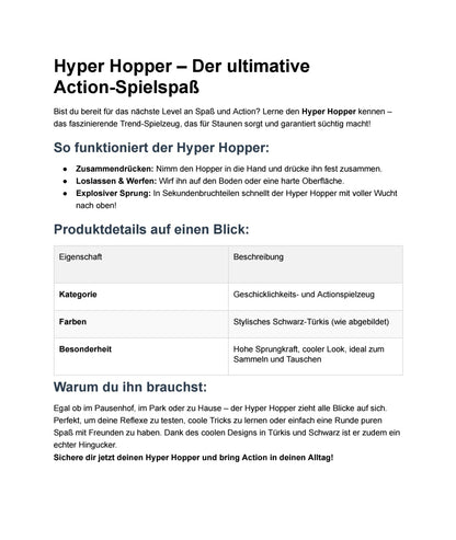 Produktbeschreibung des Hyper Hopper 3D-Druck Action-Spielzeugs als Textgrafik.