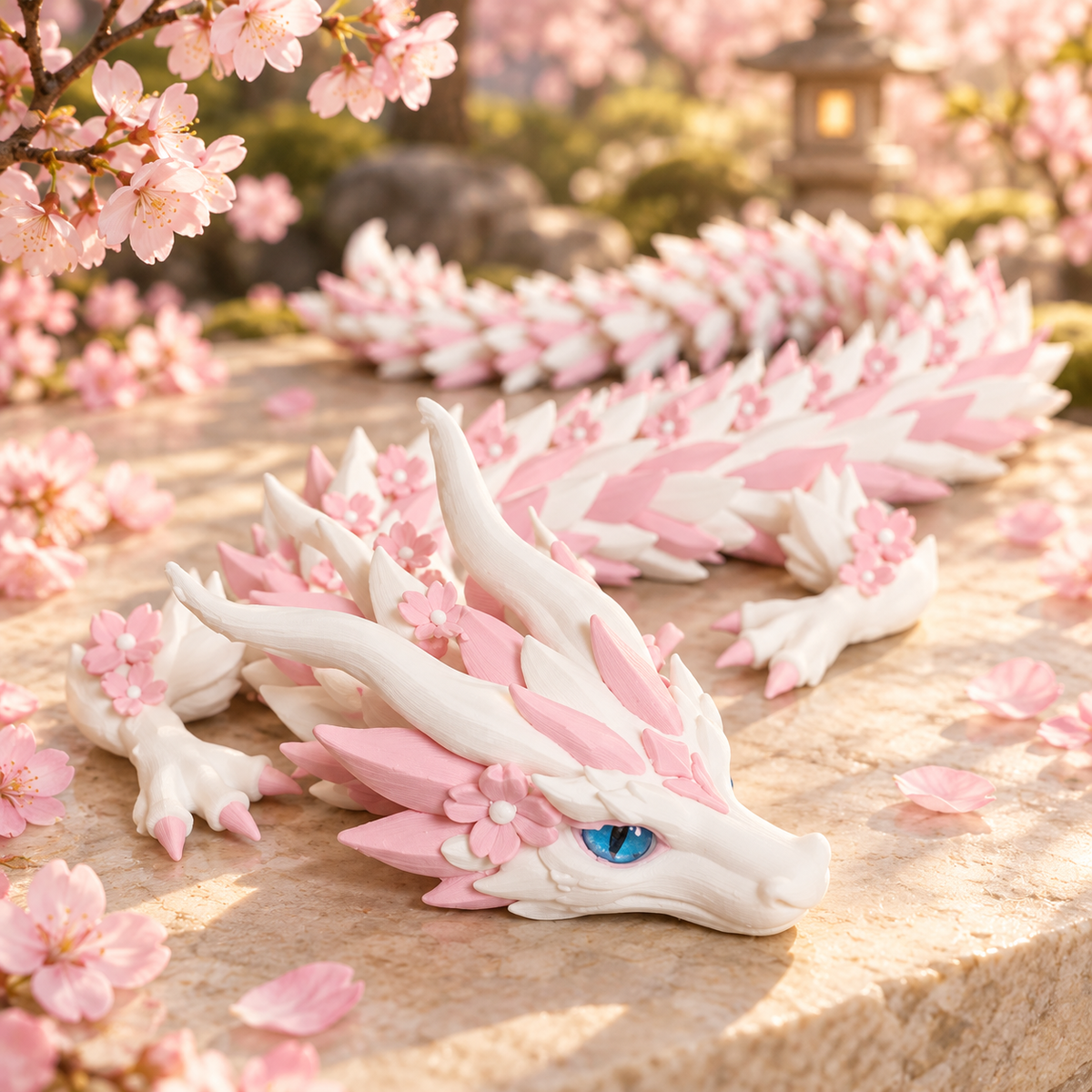 Sakura-Drache in Mattweiß und Sakura-Pink mit blauen Glasaugen vor Kirschblüten – inszenierte Produktdarstellung
