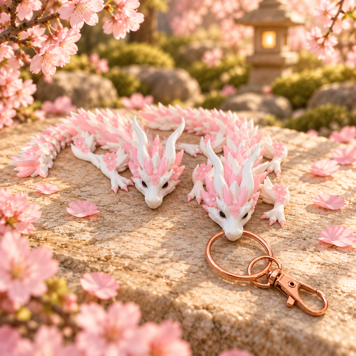 Weiße und pinke Sakura-Drachen, 14 cm, mit und ohne roségoldfarbenen Schlüsselanhänger – KI-inszeniert