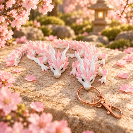 Weiße und pinke Sakura-Drachen, 14 cm, mit und ohne roségoldfarbenen Schlüsselanhänger – KI-inszeniert