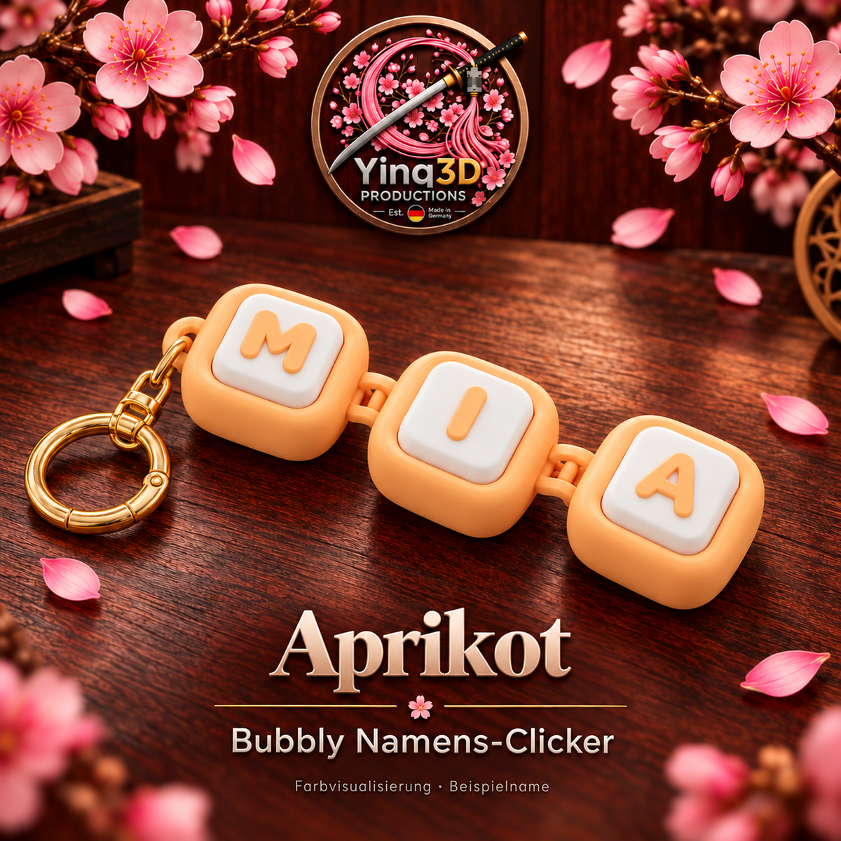 Bubbly Namens-Clicker in Aprikot mit mattweißen Tasten und farbigen Buchstaben – Farbvisualisierung mit Beispielname MIA