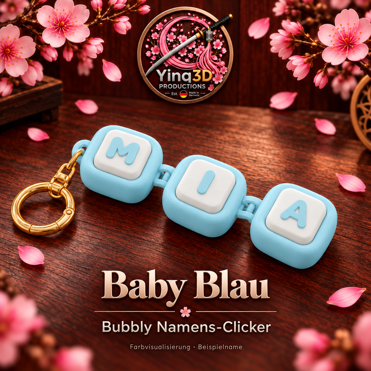 Bubbly Namens-Clicker in Baby Blau mit mattweißen Tasten und farbigen Buchstaben – Farbvisualisierung mit Beispielname MIA