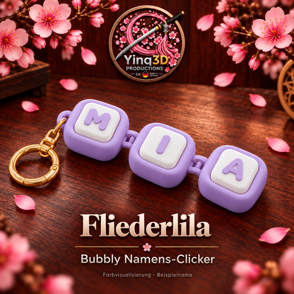 Bubbly Namens-Clicker in Fliederlila mit mattweißen Tasten und farbigen Buchstaben – Farbvisualisierung mit Beispielname MIA