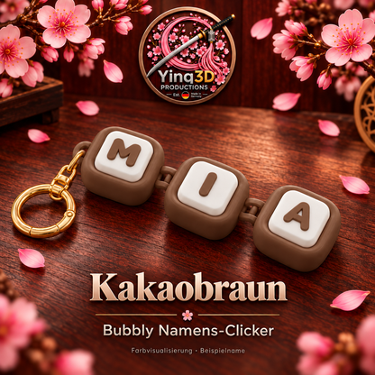 Bubbly Namens-Clicker in Kakaobraun mit mattweißen Tasten und farbigen Buchstaben – Farbvisualisierung mit Beispielname MIA