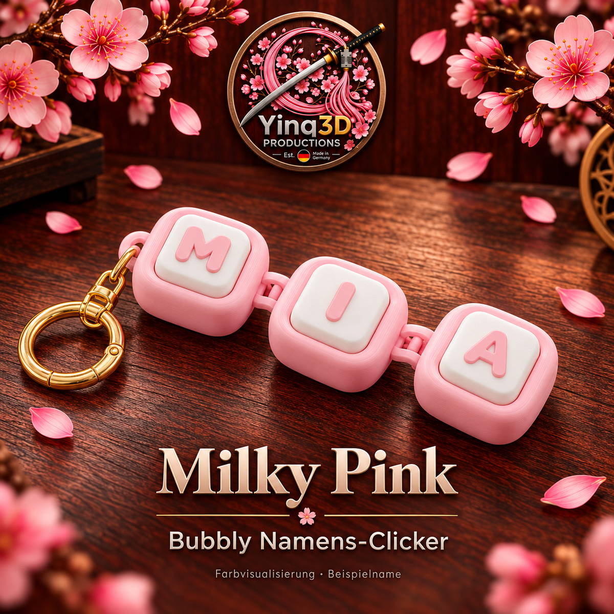 Bubbly Namens-Clicker in Milky Pink mit mattweißen Tasten und farbigen Buchstaben – Farbvisualisierung mit Beispielname MIA