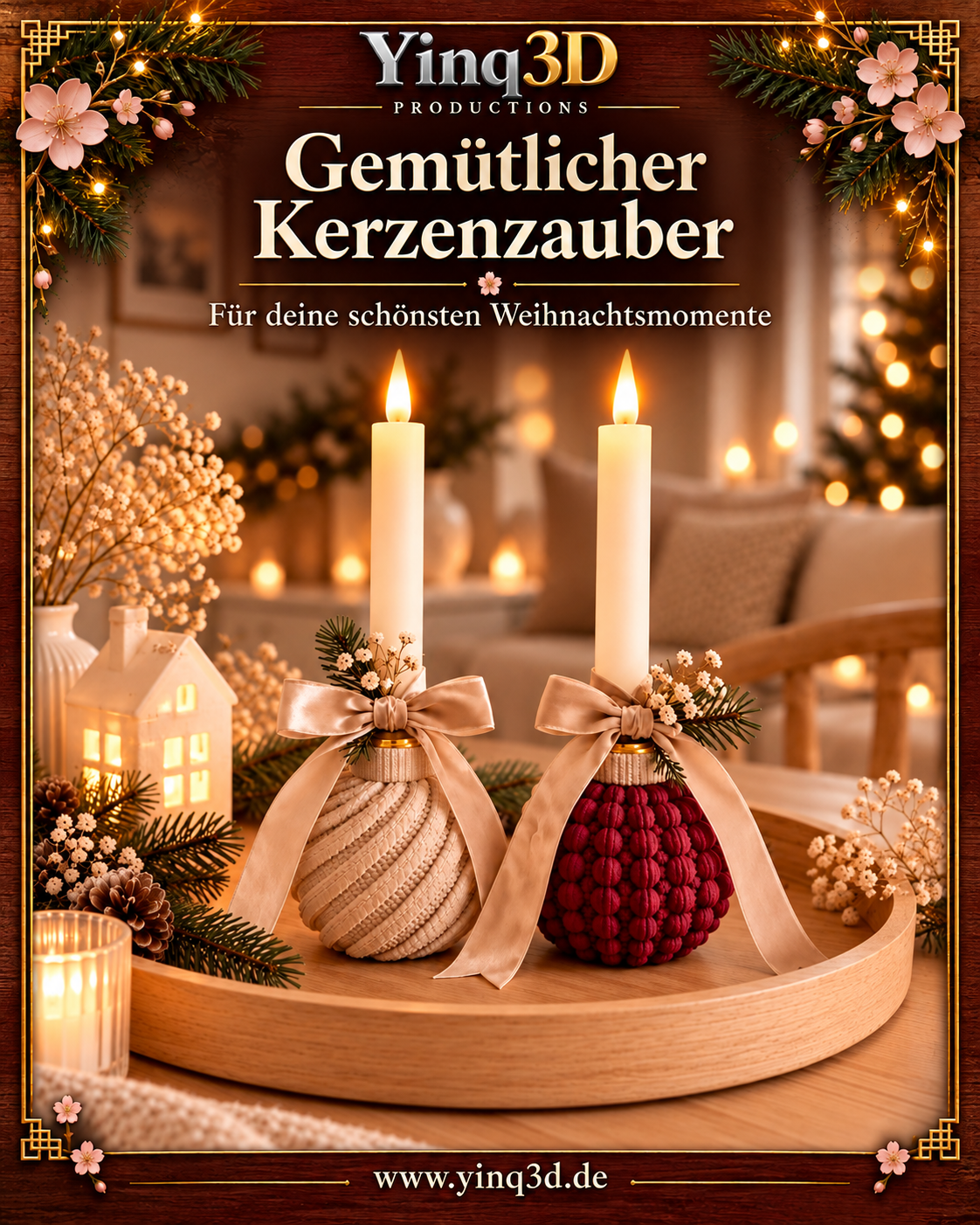 Zwei Strickkugel-Stabkerzenhalter mit diagonalem und grobem Strickmuster als Dekorationsbeispiel