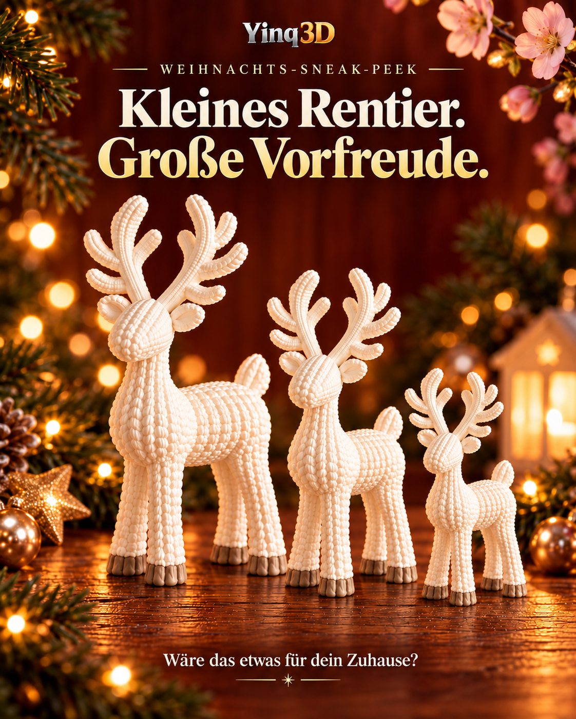 Drei Rentiere in Strickoptik in den Größen 9, 12 und 14 cm als weihnachtliche Dekoration