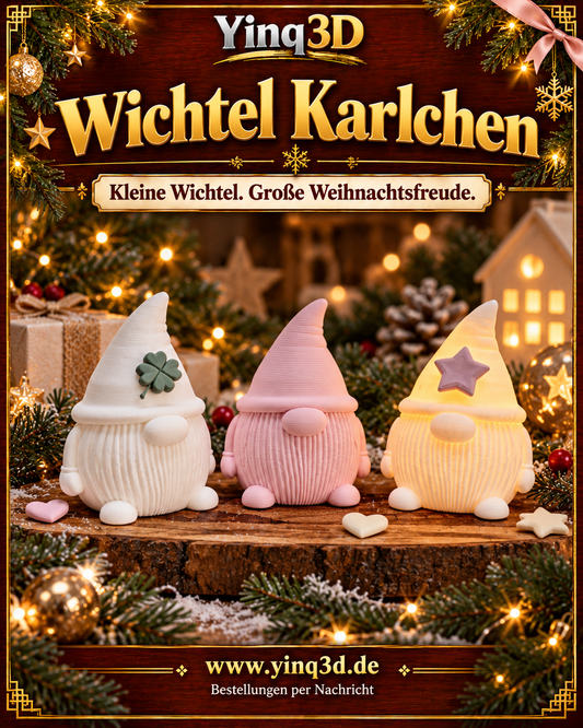 Weihnachtswichtel in Weiß, Rosa und Gelb als Dekorationsbeispiel; angeboten wird der weiße Wichtel