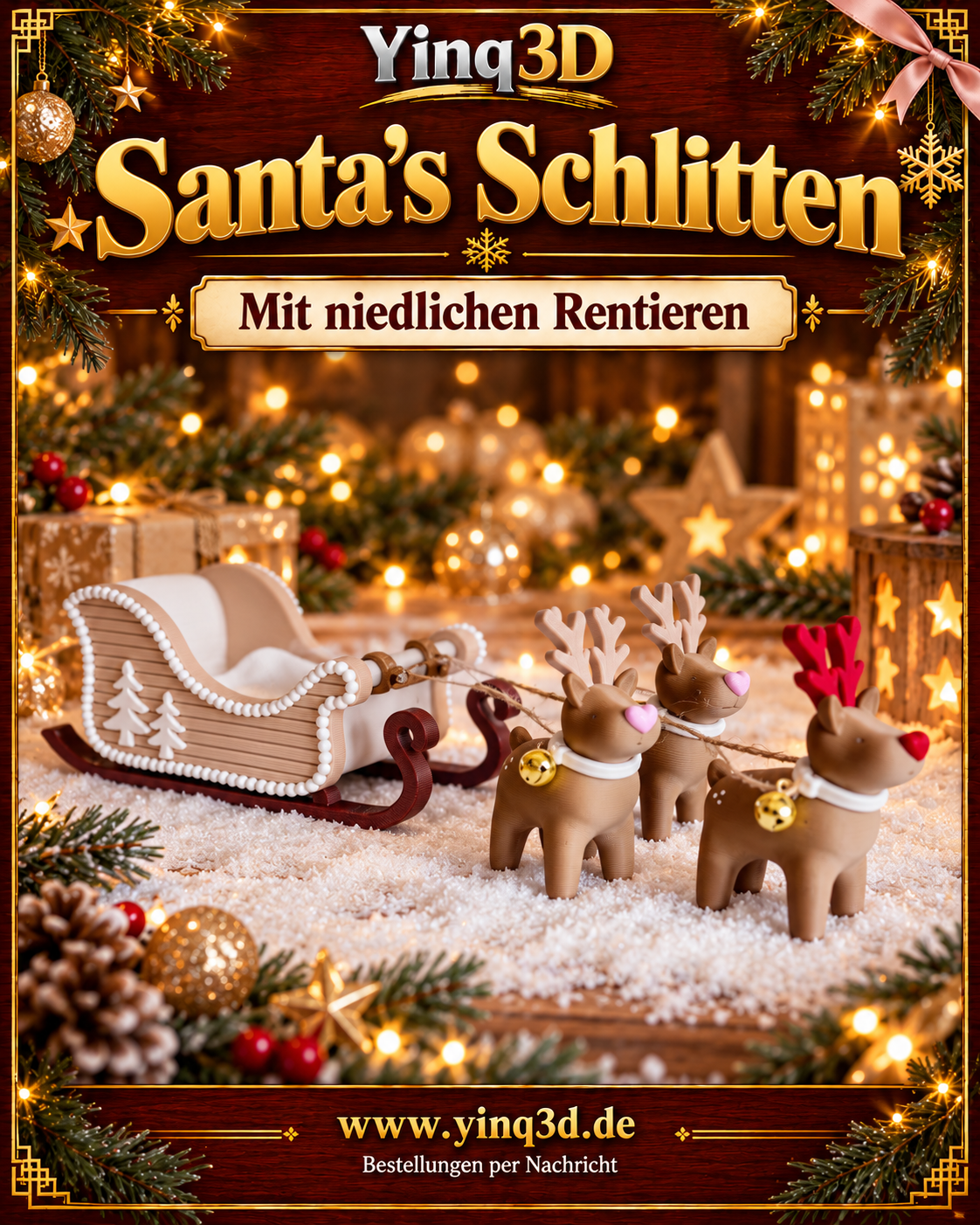 Weihnachtsschlitten mit drei Rentieren im weihnachtlichen Yinq3D-Stil