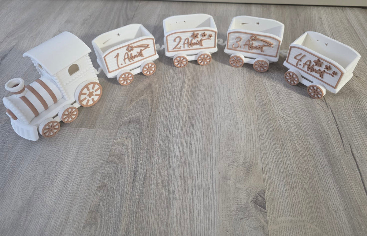 Weihnachtszug Nordpol Express in Weiß und Beige – Lok und vier Waggons für den 1. bis 4. Advent