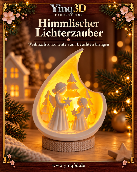 Scandi Winterkugel mit offener Hülle, Engeln und Tannen auf dekorativem Sockel
